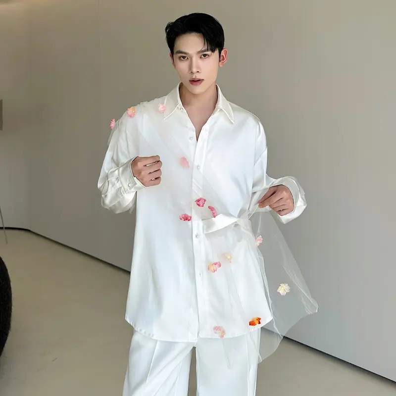 IEFB Niche Design Men's Shirts Turn-down Collar Mesh Three-dimensional Flowers Decoration Shirt Long Sleeved Male Tops 9W4331