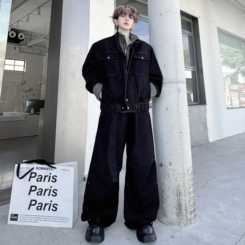 IEFB Niche Design Men's Denim Sets Stand Collar Patchwork Contrast Color Pocket Jackets Belt Wide Leg Pleated Male Jeans 9W4343