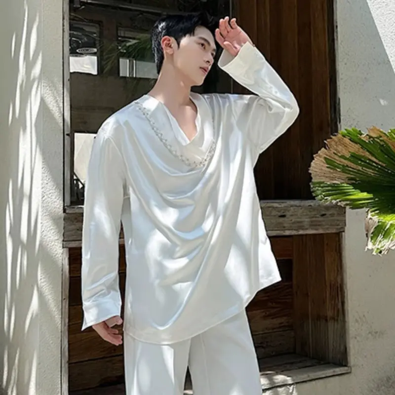 IEFB New Fashion Men's Shirts Cowlneck Solid Color Detachable Pearl Chain Long Sleeved Loose Pullover Silhouette Male Top 9W4332