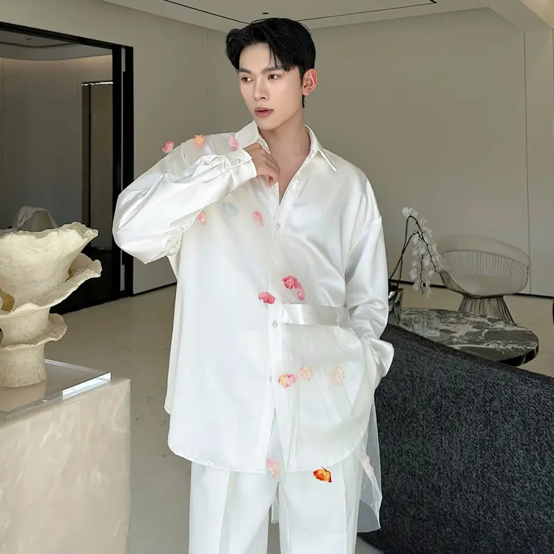 IEFB Niche Design Men's Shirts Turn-down Collar Mesh Three-dimensional Flowers Decoration Shirt Long Sleeved Male Tops 9W4331