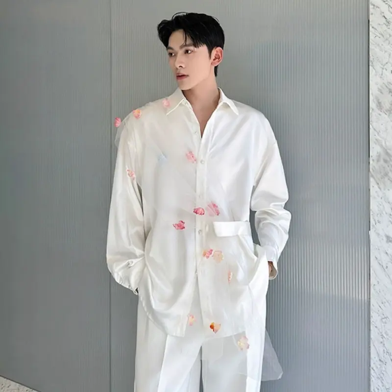 IEFB Niche Design Men's Shirts Turn-down Collar Mesh Three-dimensional Flowers Decoration Shirt Long Sleeved Male Tops 9W4331