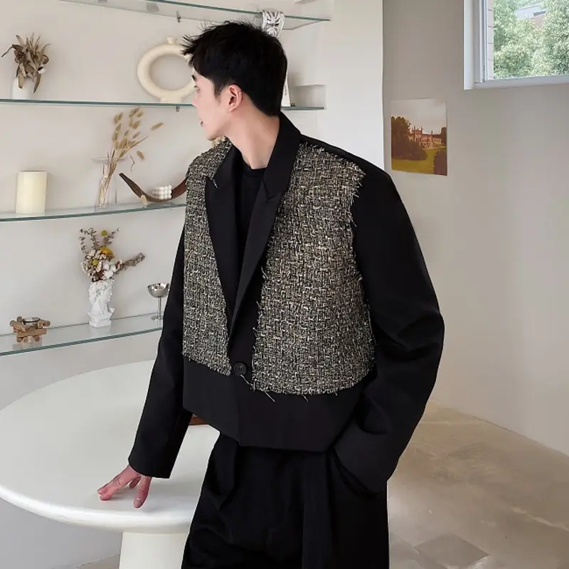 IEFB Korean Style Men's Jackets Lapel Patchwork Contrast Color Tide Menswear Loose Single Button Male Short Coats Autumn 9W4336