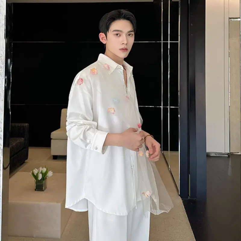 IEFB Niche Design Men's Shirts Turn-down Collar Mesh Three-dimensional Flowers Decoration Shirt Long Sleeved Male Tops 9W4331