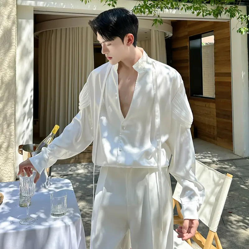 IEFB Korean Style Men's Shirts Stand Collar Handmade Beading Ribbon Design Solid Color Single Breasted Long Sleeve Shirt 9W4333