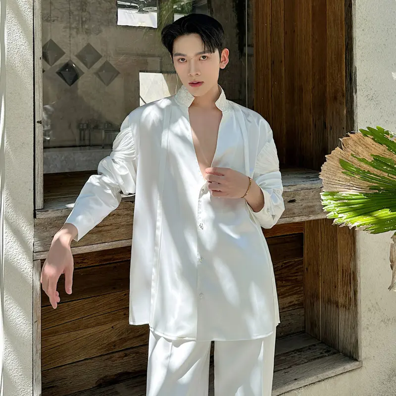 IEFB Korean Style Men's Shirts Stand Collar Handmade Beading Ribbon Design Solid Color Single Breasted Long Sleeve Shirt 9W4333