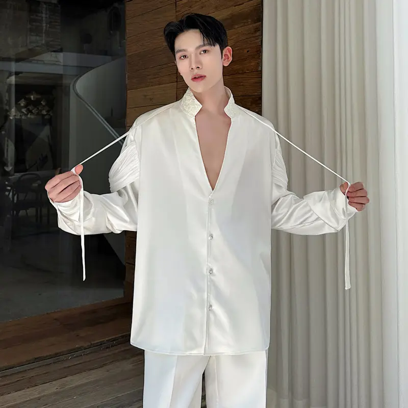 IEFB Korean Style Men's Shirts Stand Collar Handmade Beading Ribbon Design Solid Color Single Breasted Long Sleeve Shirt 9W4333