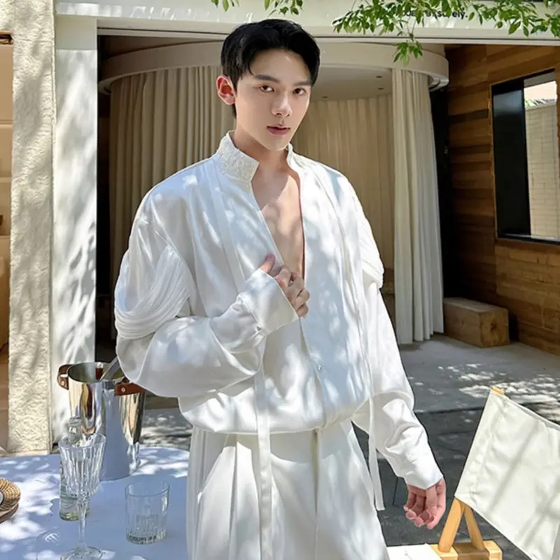 IEFB Korean Style Men's Shirts Stand Collar Handmade Beading Ribbon Design Solid Color Single Breasted Long Sleeve Shirt 9W4333