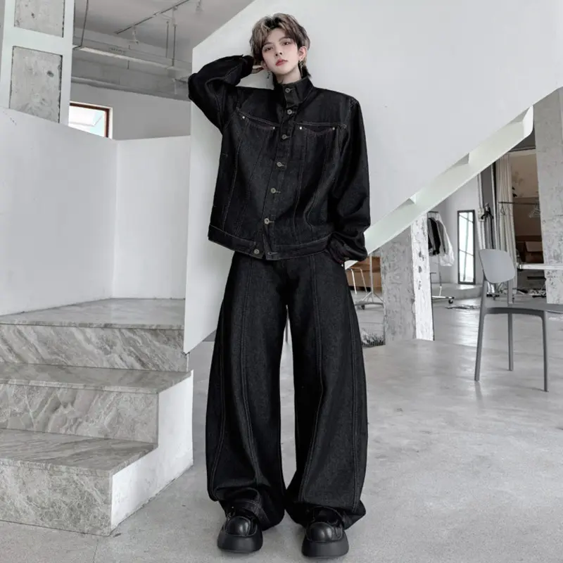IEFB Dark Style Men's Suits Stand Collar Solid Color Single Brasted Denim Line Design Jackets Wide Leg Curved-knife Jeans 9W4345
