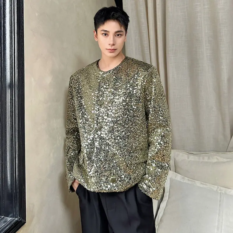 IEFB New Niche Design Men's Coats Sequins Design Round Collar Double Breasted Casual All-match Loose Male Jackets Tide 9W4342