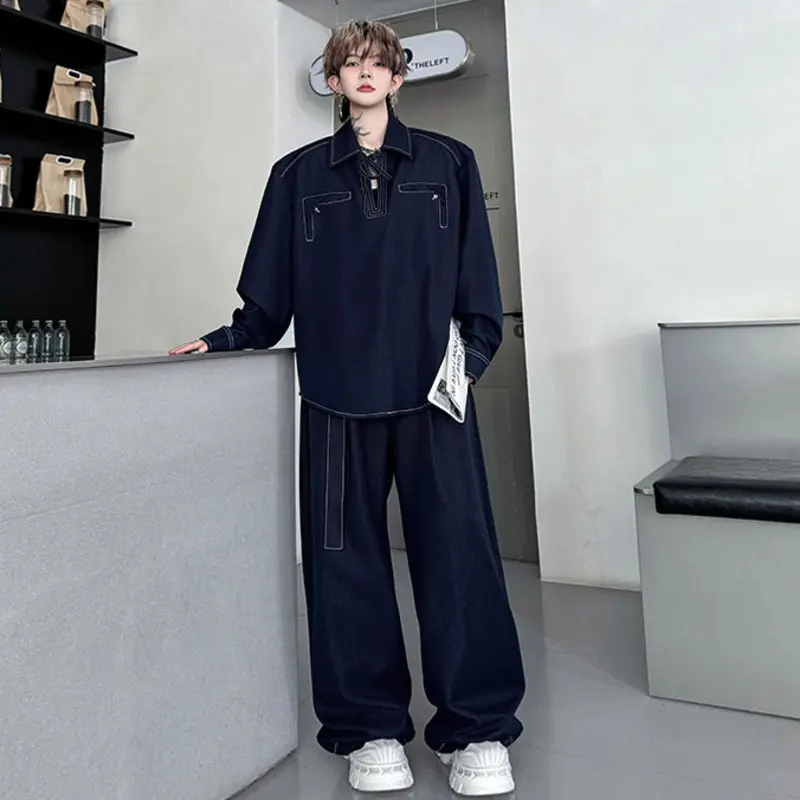 IEFB Niche Design Men's Denim Sets Turn-down Collar Lace-up Long Sleeved Shirts Belt Wide Leg Solid Color Male Jeans New 9W4347