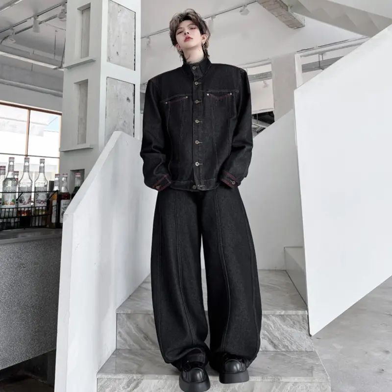 IEFB Dark Style Men's Suits Stand Collar Solid Color Single Brasted Denim Line Design Jackets Wide Leg Curved-knife Jeans 9W4345