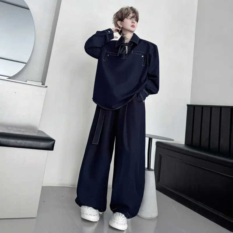 IEFB Niche Design Men's Denim Sets Turn-down Collar Lace-up Long Sleeved Shirts Belt Wide Leg Solid Color Male Jeans New 9W4347