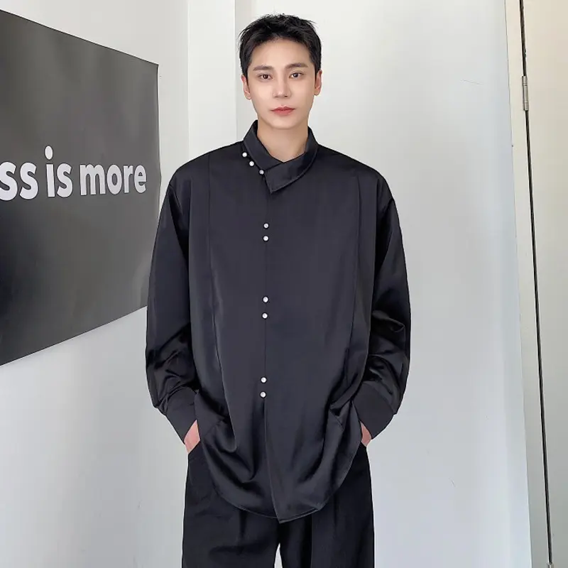 IEFB Chinese Style Men's Shirts Stand Collar Solid Color Drape Casual Tops Long Sleeved Single Breasted Loose Male Shirt 9W4338