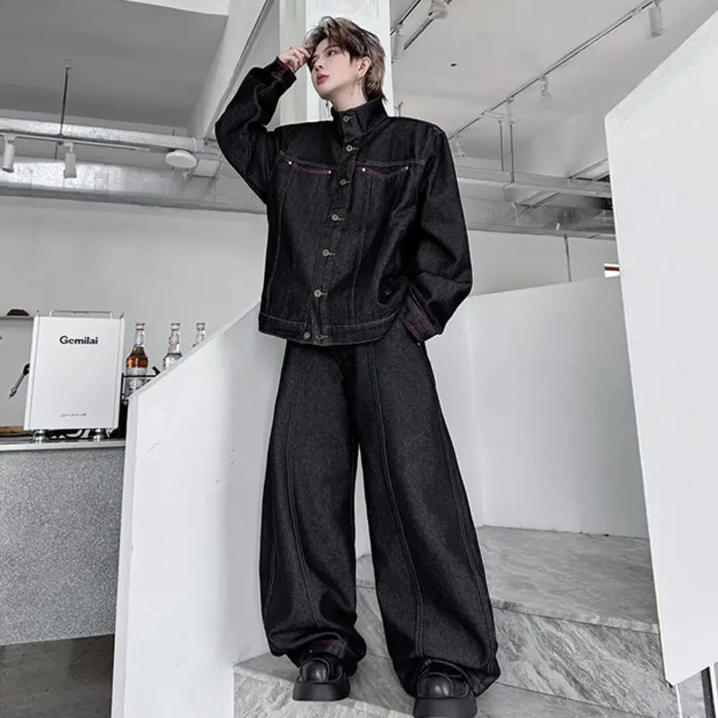 IEFB Dark Style Men's Suits Stand Collar Solid Color Single Brasted Denim Line Design Jackets Wide Leg Curved-knife Jeans 9W4345