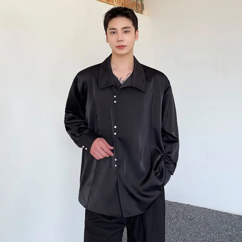 IEFB Chinese Style Men's Shirts Stand Collar Solid Color Drape Casual Tops Long Sleeved Single Breasted Loose Male Shirt 9W4338
