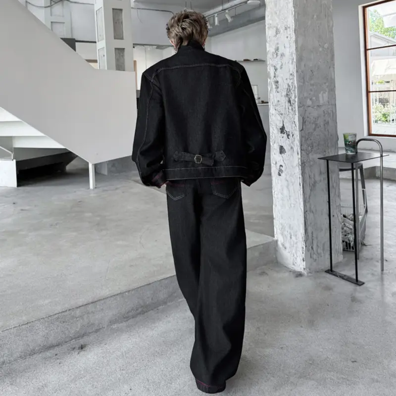 IEFB Dark Style Men's Suits Stand Collar Solid Color Single Brasted Denim Line Design Jackets Wide Leg Curved-knife Jeans 9W4345