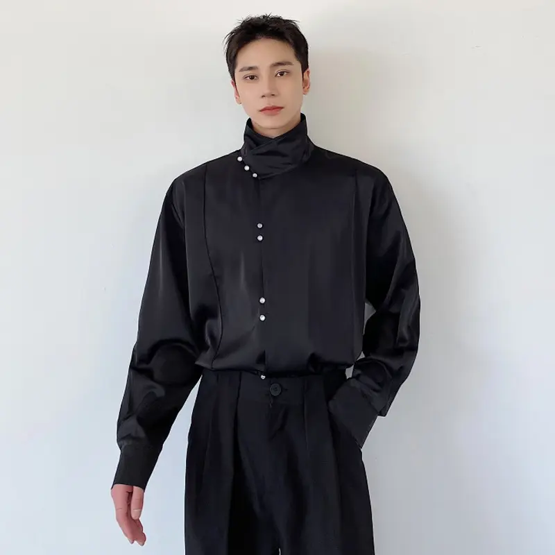 IEFB Chinese Style Men's Shirts Stand Collar Solid Color Drape Casual Tops Long Sleeved Single Breasted Loose Male Shirt 9W4338