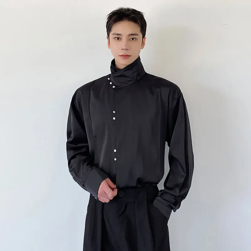 IEFB Chinese Style Men's Shirts Stand Collar Solid Color Drape Casual Tops Long Sleeved Single Breasted Loose Male Shirt 9W4338