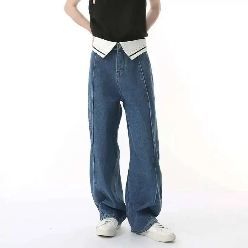 IEFB Waist Flanging Men's Jeans Contrast Color Deconstruction Wide Leg Casual Denim Pants Machete Trousers Menswear 2025 9W616