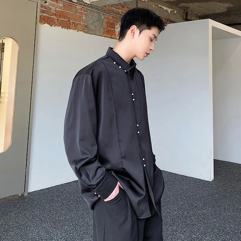 IEFB Chinese Style Men's Shirts Stand Collar Solid Color Drape Casual Tops Long Sleeved Single Breasted Loose Male Shirt 9W4338
