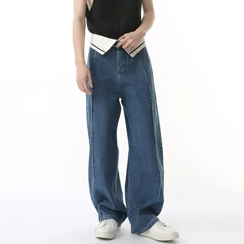 IEFB Waist Flanging Men's Jeans Contrast Color Deconstruction Wide Leg Casual Denim Pants Machete Trousers Menswear 2025 9W616