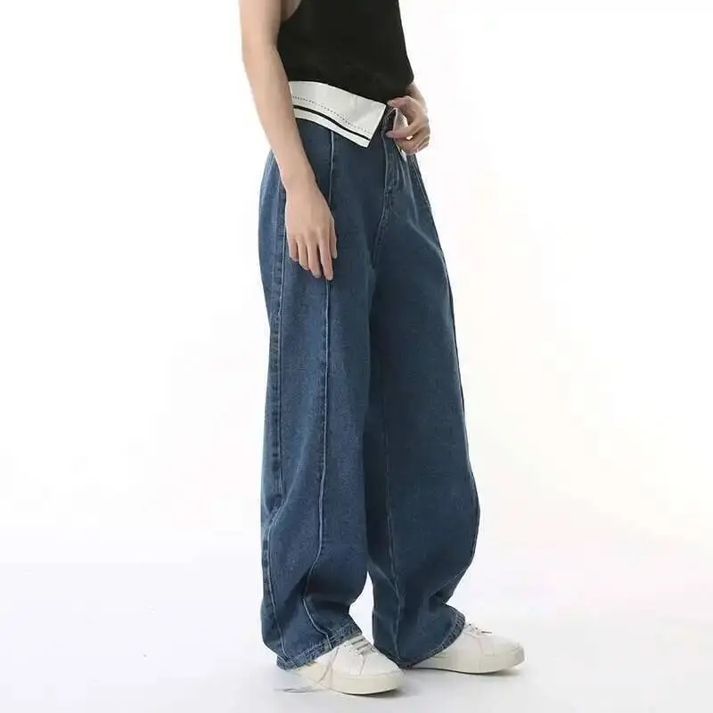 IEFB Waist Flanging Men's Jeans Contrast Color Deconstruction Wide Leg Casual Denim Pants Machete Trousers Menswear 2025 9W616
