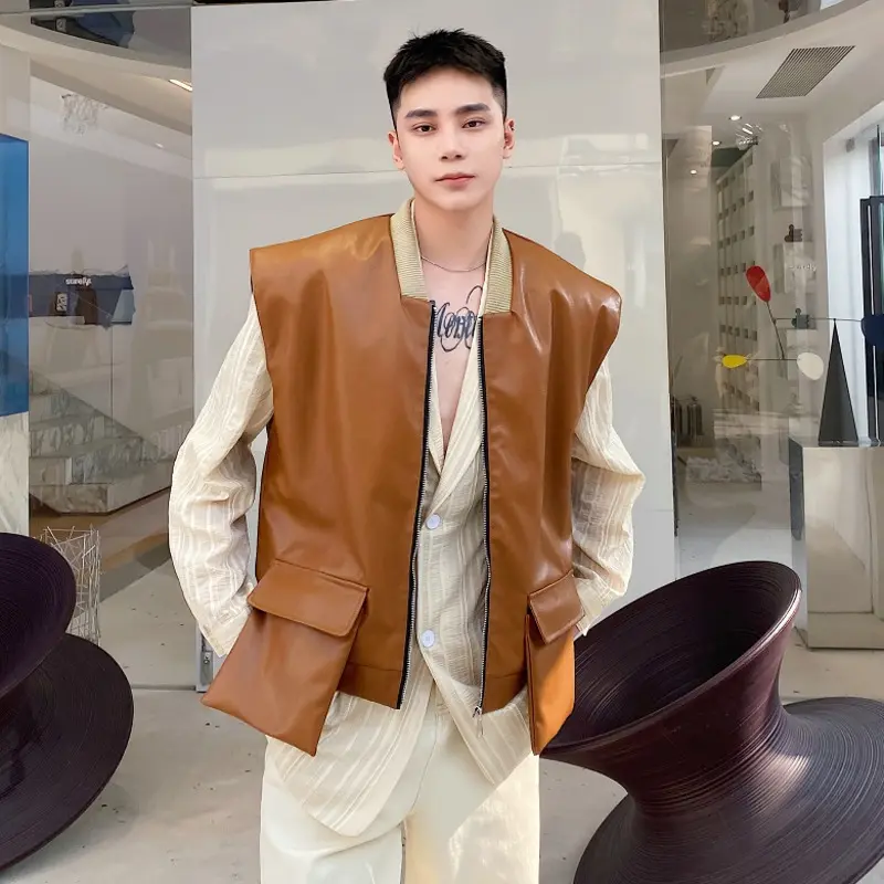 IEFB New Fashion Men's PU Leather Vests Solid Color Three-dimensional Pocket Zipper Sleeveless Loose Male Tank Tops Chic 9W4340