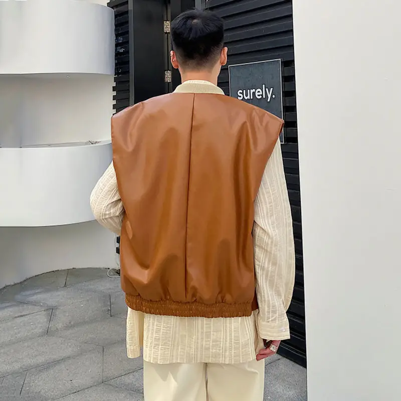 IEFB New Fashion Men's PU Leather Vests Solid Color Three-dimensional Pocket Zipper Sleeveless Loose Male Tank Tops Chic 9W4340