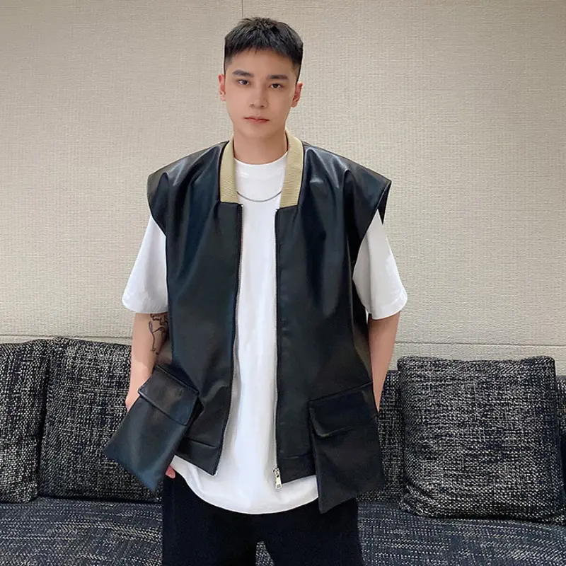 IEFB New Fashion Men's PU Leather Vests Solid Color Three-dimensional Pocket Zipper Sleeveless Loose Male Tank Tops Chic 9W4340