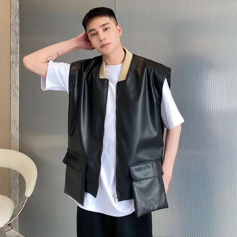 IEFB New Fashion Men's PU Leather Vests Solid Color Three-dimensional Pocket Zipper Sleeveless Loose Male Tank Tops Chic 9W4340