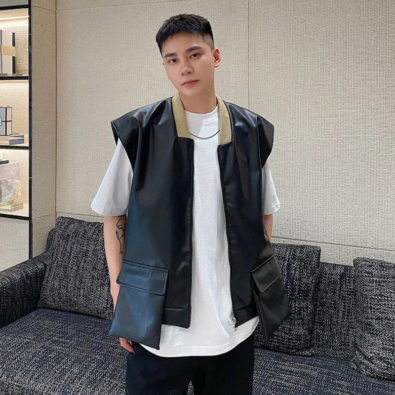IEFB New Fashion Men's PU Leather Vests Solid Color Three-dimensional Pocket Zipper Sleeveless Loose Male Tank Tops Chic 9W4340