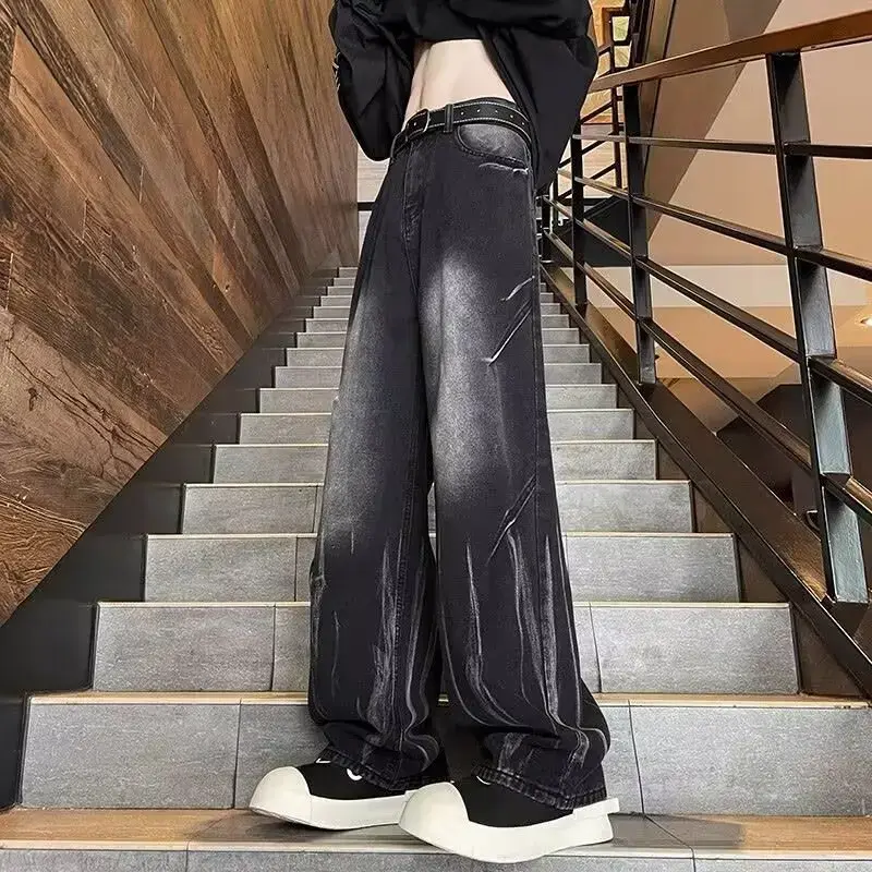 Baggy Jean Pantalones Hombre Spring Men's Gradient Straight Jeans Vintage Tie-dye Wash Denim Trousers Black High Street