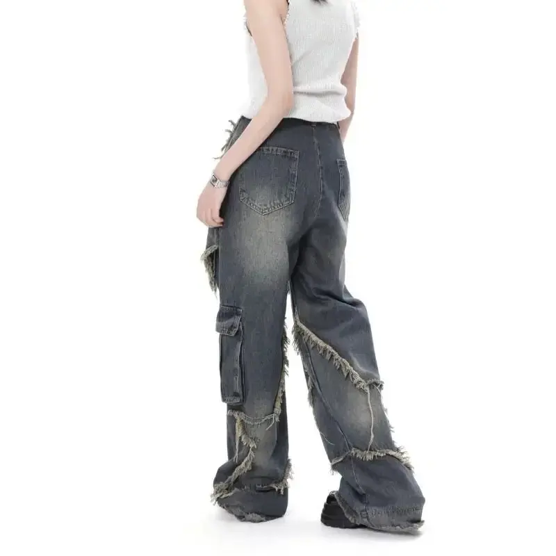 Denim Trousers Vintage Women High Waist Jeans Streetwear Ripped Female Wide Leg Pant American Style Casual Tassel Straight