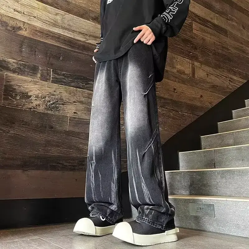 Baggy Jean Pantalones Hombre Spring Men's Gradient Straight Jeans Vintage Tie-dye Wash Denim Trousers Black High Street