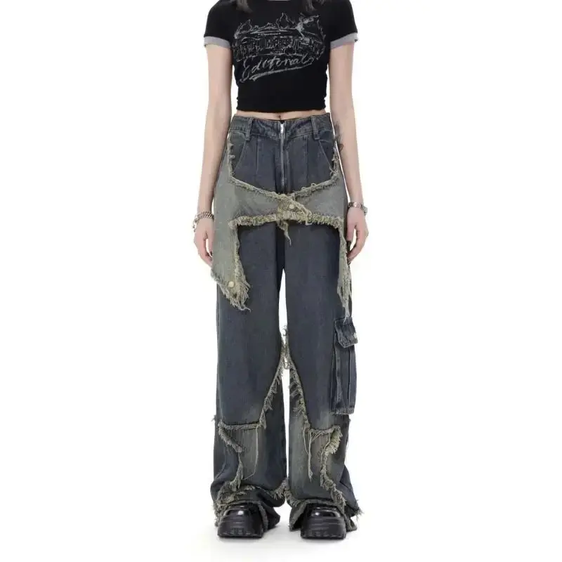 Denim Trousers Vintage Women High Waist Jeans Streetwear Ripped Female Wide Leg Pant American Style Casual Tassel Straight