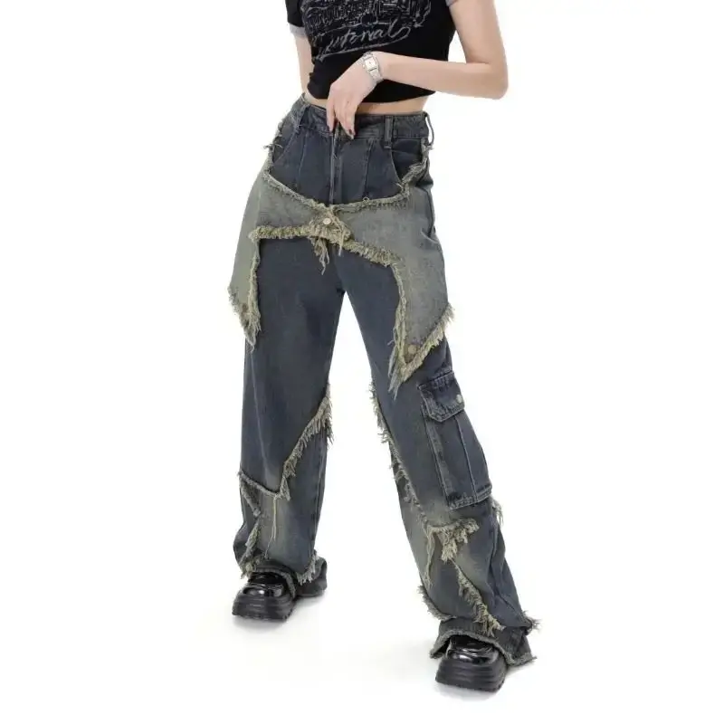 Denim Trousers Vintage Women High Waist Jeans Streetwear Ripped Female Wide Leg Pant American Style Casual Tassel Straight