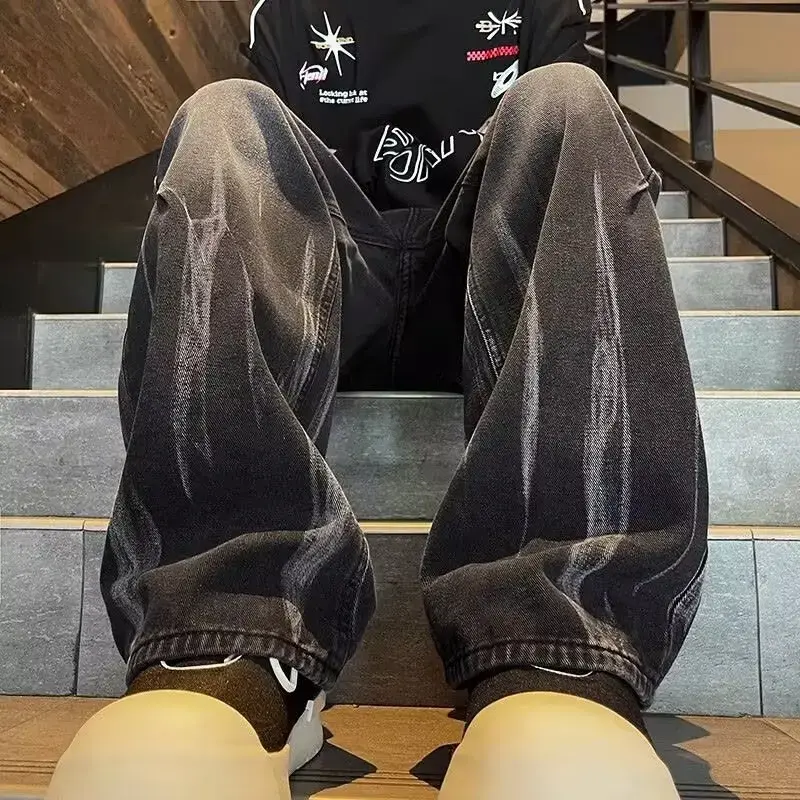 Baggy Jean Pantalones Hombre Spring Men's Gradient Straight Jeans Vintage Tie-dye Wash Denim Trousers Black High Street