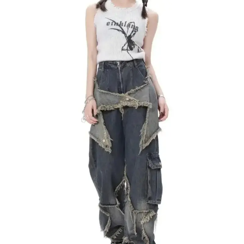 Denim Trousers Vintage Women High Waist Jeans Streetwear Ripped Female Wide Leg Pant American Style Casual Tassel Straight