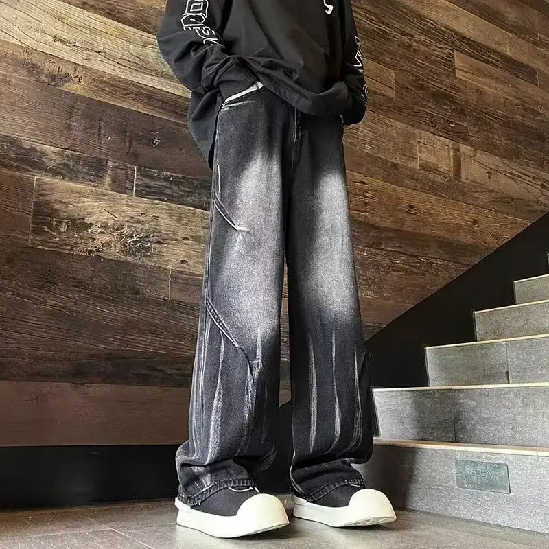 Baggy Jean Pantalones Hombre Spring Men's Gradient Straight Jeans Vintage Tie-dye Wash Denim Trousers Black High Street