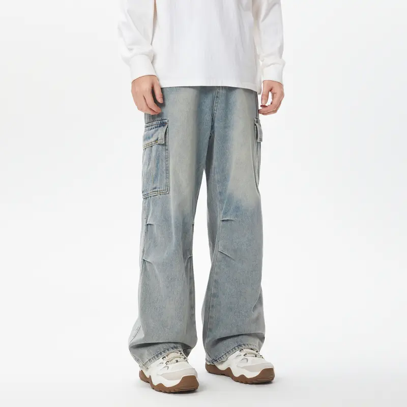 Loose Straight Wide Leg Loose Male Jeans Pleated Design Men's Denim Pants Solid Color Casual Menswear Side Pocket Black Jeans