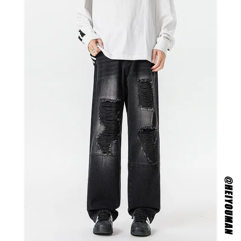 Punk Style Trend Fashion Ripped Jeans Straight Leg Jeans 2025 New Wide Leg Pants Hip Hop Clothing Black Jeans Ripped Jeans