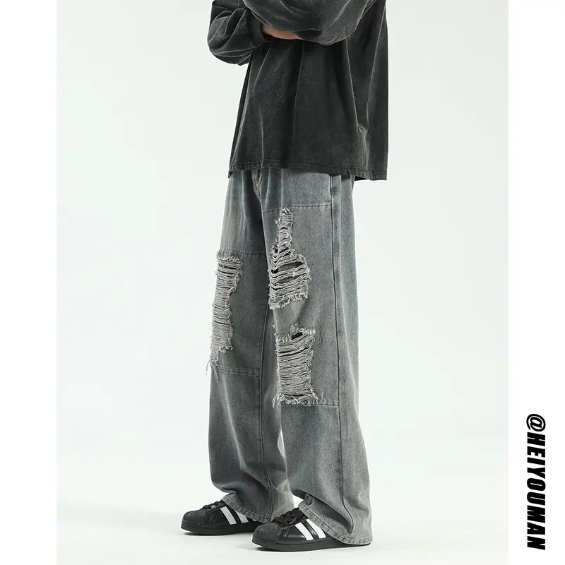 Punk Style Trend Fashion Ripped Jeans Straight Leg Jeans 2025 New Wide Leg Pants Hip Hop Clothing Black Jeans Ripped Jeans