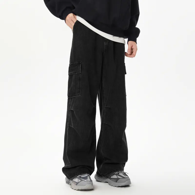 Loose Straight Wide Leg Loose Male Jeans Pleated Design Men's Denim Pants Solid Color Casual Menswear Side Pocket Black Jeans