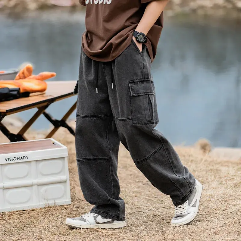 Workwear Men's Pants Korean Men Clothing Japanese Style Three-dimensional Pocket Jeans Spring New Retro Vintage Washed Water