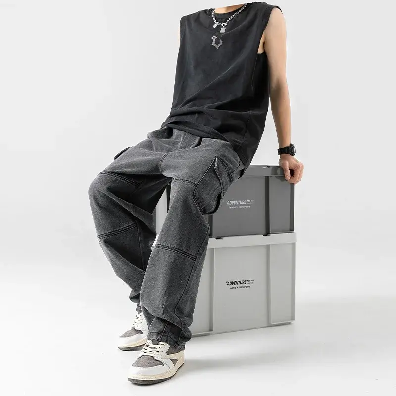 Workwear Men's Pants Korean Men Clothing Japanese Style Three-dimensional Pocket Jeans Spring New Retro Vintage Washed Water