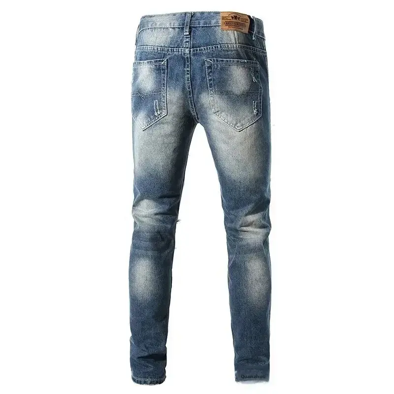 Men Jeans Ripped Mid Waist Slim Fit Vintage Denim Wash Solid Skinny Pencil Pants Holes Ankle Length Punk Style Rare Humans Jeans