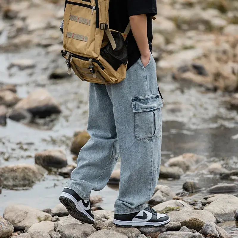 Workwear Men's Pants Korean Men Clothing Japanese Style Three-dimensional Pocket Jeans Spring New Retro Vintage Washed Water