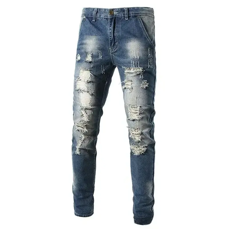 Men Jeans Ripped Mid Waist Slim Fit Vintage Denim Wash Solid Skinny Pencil Pants Holes Ankle Length Punk Style Rare Humans Jeans
