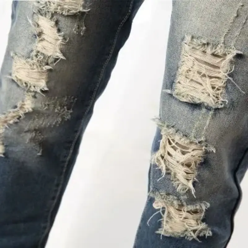 Men Jeans Ripped Mid Waist Slim Fit Vintage Denim Wash Solid Skinny Pencil Pants Holes Ankle Length Punk Style Rare Humans Jeans