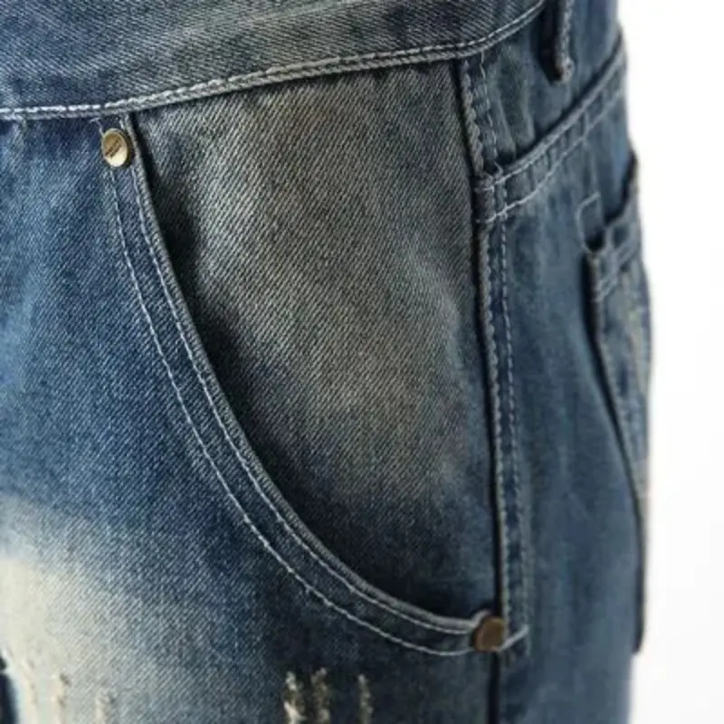 Men Jeans Ripped Mid Waist Slim Fit Vintage Denim Wash Solid Skinny Pencil Pants Holes Ankle Length Punk Style Rare Humans Jeans